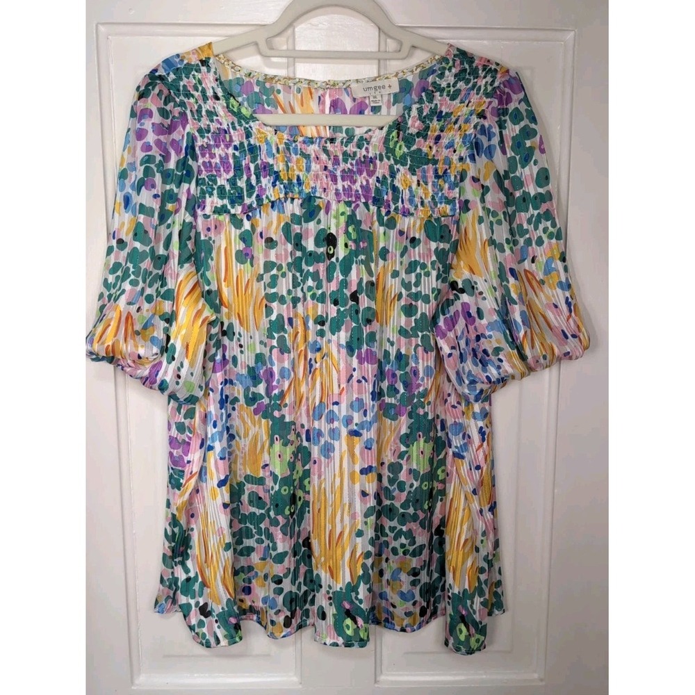 Umgee + Colorful Smocked Abstract Metallic Semi Sheer Blouse Plus Women 1XL(1265